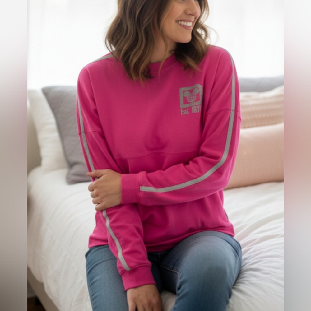 🏰Authentic Disney Bright Pink Long Sleeve Tee Spirit Jersey W/Glittery Logo 🏰 - Picture 8 of 8